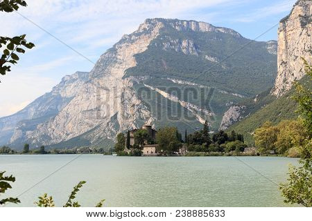 Castle Castel Toblino At Lake Lago Di Toblino And Mountain Panorama In Italy