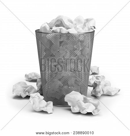 Wastepaper Basket With Paper Waste. 3d Image. White Background.