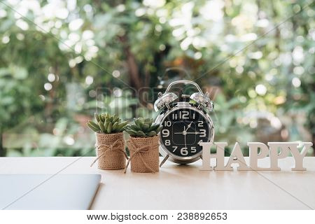 Break Time Concept. Happy Hour Time To Break For Employees Having Lunch With Closing Laptop, Clock, 