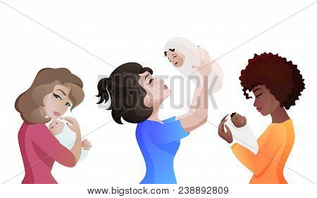 Set Of Young Multinational Mothers With Babies