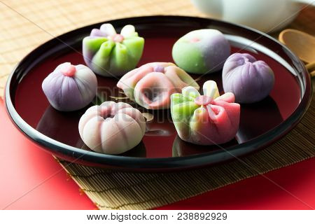 Japanese Traditional Confectionery Cake Wagashi Served On Plate