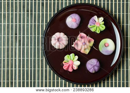 Japanese Traditional Confectionery Cake Wagashi Served On Plate