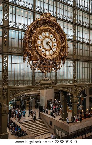 Paris, France - July 11, 2017. Golden Clock View At The Main Hall Of The Quai D Orsay Museum In Pari