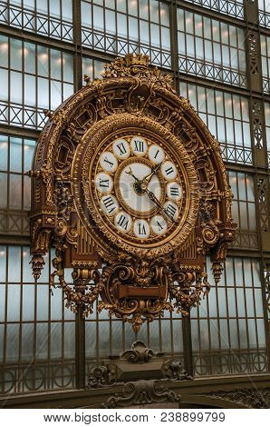 Paris, France - July 11, 2017. Golden Clock View At The Main Hall Of The Quai D Orsay Museum In Pari