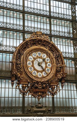Paris, France - July 11, 2017. Golden Clock View At The Main Hall Of The Quai D Orsay Museum In Pari