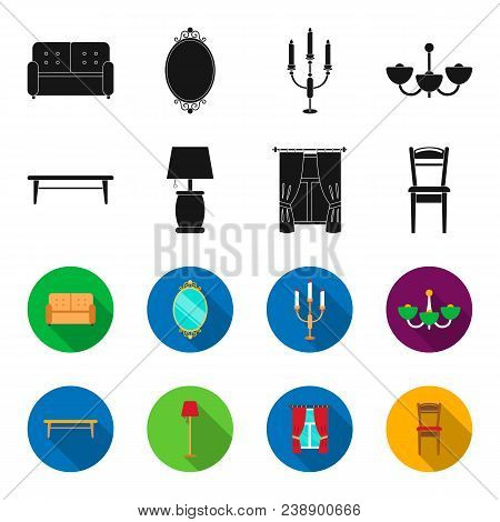 A Coffee Table, A Lamp, Curtains, A Chair.furniture Set Collection Icons In Black, Flet Style Vector