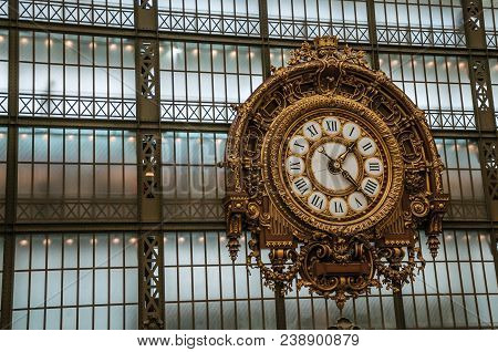 Paris, France - July 11, 2017. Golden Clock View At The Main Hall Of The Quai D Orsay Museum In Pari