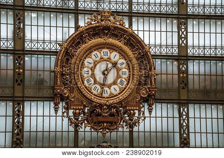 Paris, France - July 11, 2017. Golden Clock View At The Main Hall Of The Quai D Orsay Museum In Pari