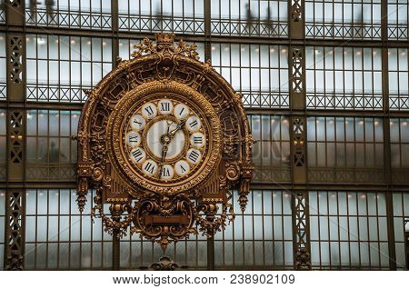 Paris, France - July 11, 2017. Golden Clock View At The Main Hall Of The Quai D Orsay Museum In Pari