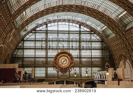 Paris, France - July 11, 2017. Golden Clock And Ceiling At The Quai D Orsay Museum Main Hall In Pari