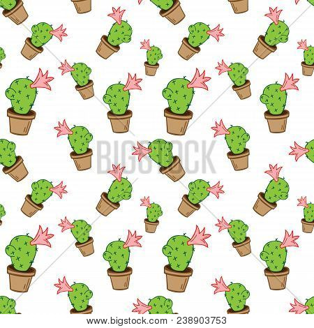 Home Green Cactus In Brown Pot In Doodle Style, Flat Cartoon Colors, Seamless Pattern Isolated On Wh
