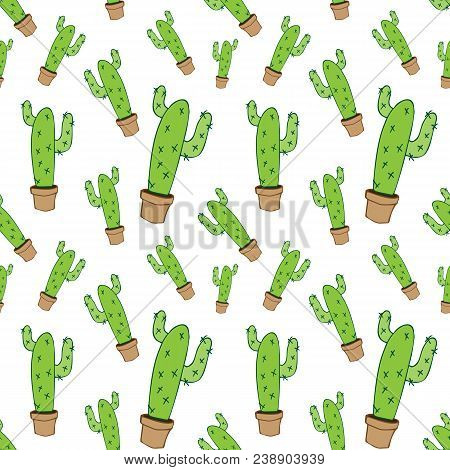 Home Green Cactus In Brown Pot In Doodle Style, Flat Cartoon Colors, Seamless Pattern Isolated On Wh