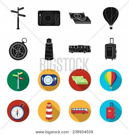 Vacation, Travel, Lighthouse, Compass .rest And Travel Set Collection Icons In Black, Flet Style Vec