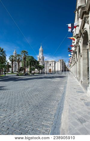 AREQUIPA PERU NOVEMBER 9: Main square of Arequipa with church on november 9 2015 in Arequipa Peru. Arequipa's Plaza de Armas is one of the most beautiful in Peru.