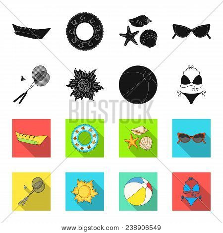 A Game Of Badminton, A Ball And The Sun.summer Vacation Set Collection Icons In Black, Flet Style Ve