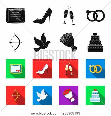 Arrow Cupid, Dove, Bouquet Of Flowers, Wedding Cake. Weddin Gset Collection Icons In Black, Flet Sty