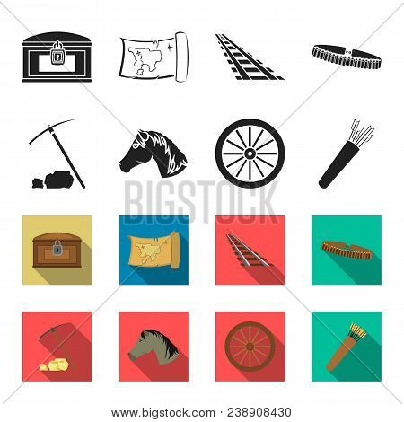 Pickax Hoe, Horse Head, Wheel Cart, Quiver With Arrows.wild West Set Collection Icons In Black, Flet