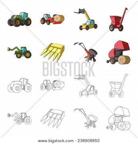 Motoblock And Other Agricultural Devices. Agricultural Machinery Set Collection Icons In Cartoon, Ou