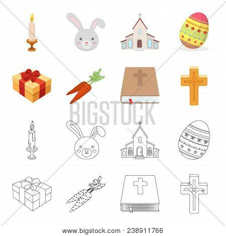 Cross, Bible, Gift And Carrots.easter Set Collection Icons In Cartoon, Outline Style Vector Symbol S