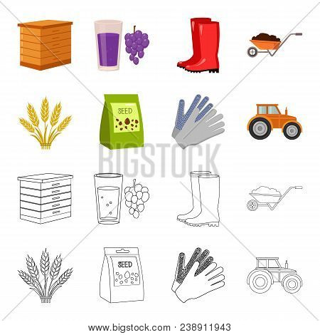 Spikelets Of Wheat, A Packet Of Seeds, A Tractor, Gloves.farm Set Collection Icons In Cartoon, Outli