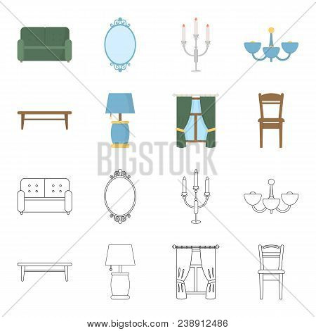 A Coffee Table, A Lamp, Curtains, A Chair.furniture Set Collection Icons In Cartoon, Outline Style V
