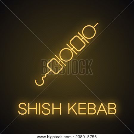 Shish Kebab Neon Light Icon. Pork And Vegetable Brochettes. Shashlik Glowing Sign. Vector Isolated I