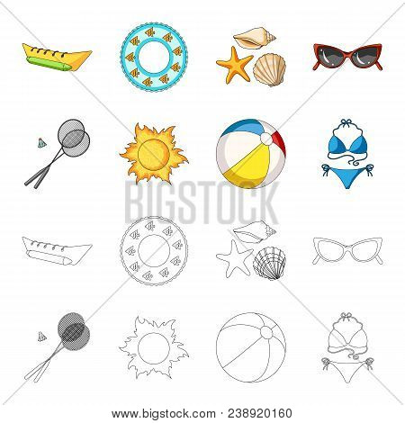 A Game Of Badminton, A Ball And The Sun.summer Vacation Set Collection Icons In Cartoon, Outline Sty