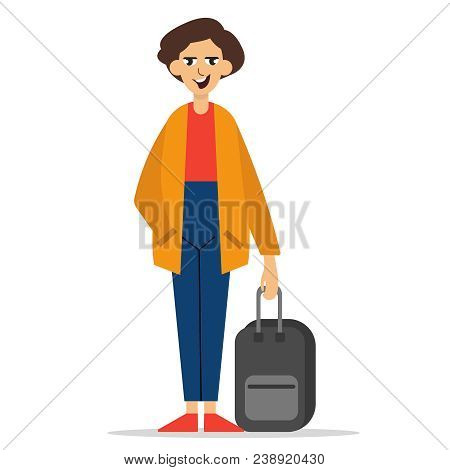 Traveler Character Icon. Fellow Traveler. Man In Casual Clothes With Trolley Suitcase, Template Vect