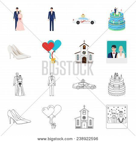 Wedding And Attributes Cartoon, Outline Icons In Set Collection For Design.newlyweds And Accessories