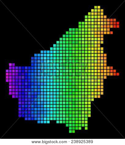 Dotted Pixel Borneo Island Map. Vector Geographic Plan In Bright Rainbow Color Tones On A Black Back