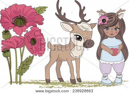 Clip Arts Deer Girl (color Vector Illustration)