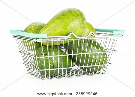 Green Smooth Avocado Set In A Shopping Basket Isolated On White Background Ripe Shiny Bacon Variety