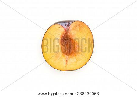 One Red Blue Plum Half Top View Isolated On White Background Cross Section