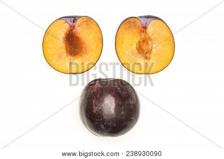 Red Blue Plums Collection Top View Isolated On White Background One Whole Two Section Halves