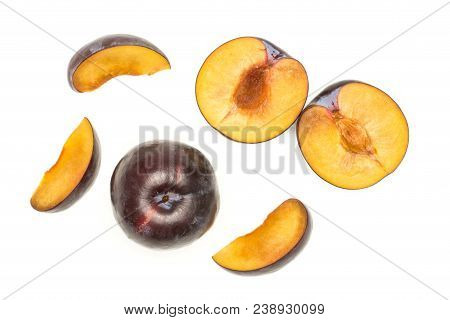 Red Blue Plums Set Top View Isolated On White Background One Whole Two Section Halves Three Slices