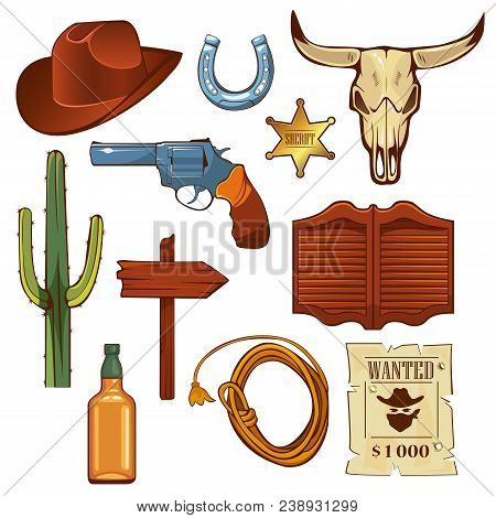 Colorful Wild West Elements Set. Bull Skull, Cowboy Hat, Lasso, Bottle Of Whiskey, Revolver, Sheriff