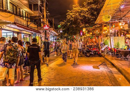 Bangkok, Thailand - July 9, 2017: Street Night Market At Soi Ram Butri Near Khao Sarn Road Area