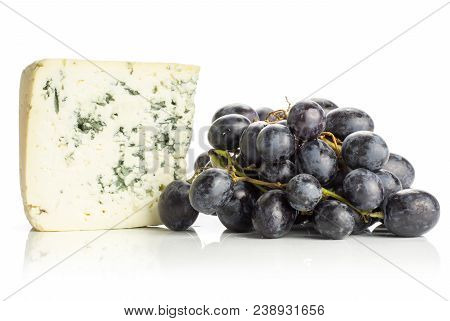 Black Grape Cluster (autumn Royal Variety) With A Blue Mold Cheese Isolated On White Background Swee