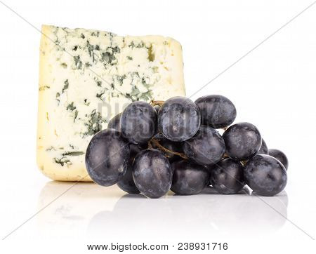 Black Grape Cluster (autumn Royal Variety) With A Blue Mold Cheese Isolated On White Background Swee