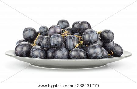 Black Purple Grape Cluster (autumn Royal Variety) On A Grey Plate Isolated On White Background