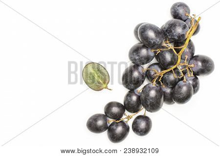 Black Grape Cluster (autumn Royal Variety) With One Halved Berry Top View Isolated On White Backgrou