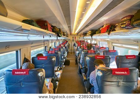MILAN, ITALY - CIRCA NOVEMBER, 2017: inside high-speed italo train. The Italian railway system is one of the most important parts of the infrastructure of Italy.