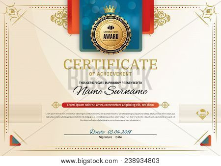 Official Certificate With Red Turquoise Square Design Elements. Red Ribbon And Gold Emblem. Classica