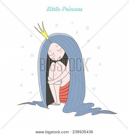 Hand Drawn Vector Illustration Of A Little Sleeping Princess With Long Hair In A Crown, Sitting, Wit
