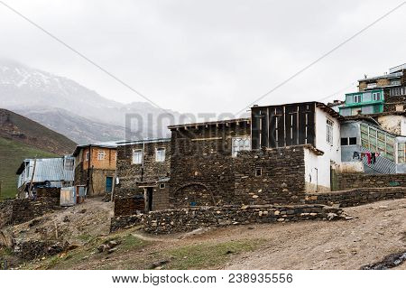 Azerbaijan, Khinalig Mountain Settlement View, Houses Of Local Residents. Located High Up In The Mou