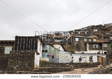 Azerbaijan, Khinalig Mountain Settlement View, Houses Of Local Residents. Located High Up In The Mou