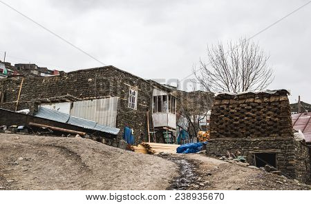 Azerbaijan, Khinalig Mountain Settlement View, Houses Of Local Residents. Located High Up In The Mou
