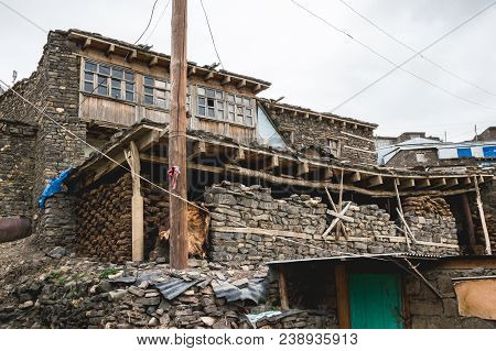 Azerbaijan, Khinalig Mountain Settlement View, Houses Of Local Residents. Located High Up In The Mou