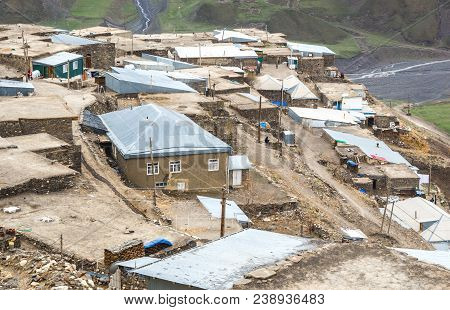 Azerbaijan, Khinalig Mountain Settlement View, Houses Of Local Residents. Located High Up In The Mou