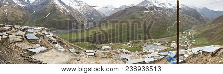 Azerbaijan, Khinalig Mountain Settlement Panoramic View, Houses Of Local Residents. Located High Up 